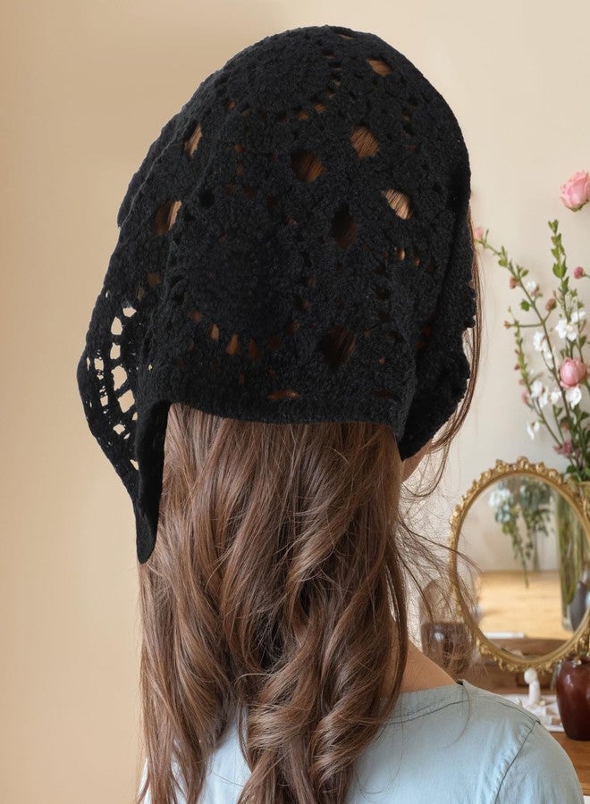 Qulkws 2 Pcs Cute Knitted Crochet Head Scarf, Hollow Crochet Bandanas, Vintage Scarf Headbands, Headbands Hair Accessories for Women, Hair Styling Decor (White, Black) - Image 4